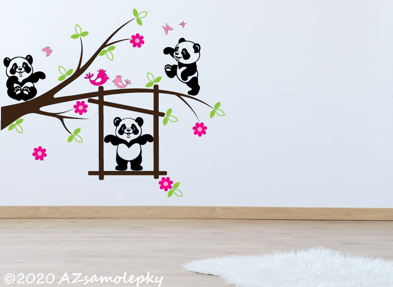 Dětské samolepky na zeď - Pandy na větvi - L (100 x 85 cm)