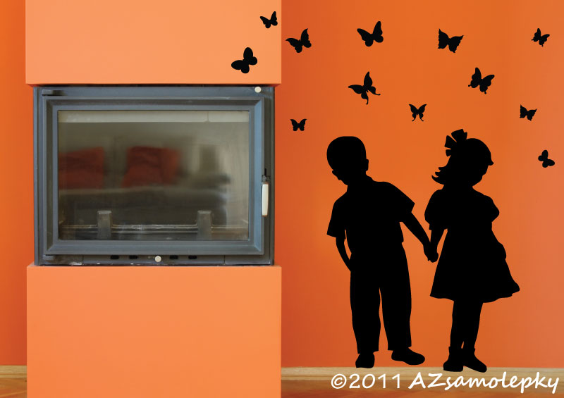 Samolepky na zeď - Děti s motýlky - XL (72 x 90 cm)