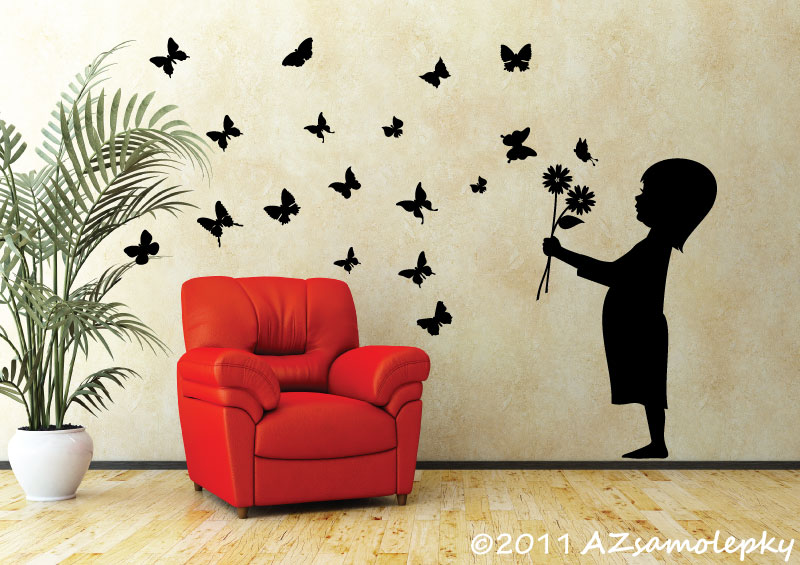 Samolepky na zeď - Kluk s květinou a motýlky - M (36 x 60 cm)