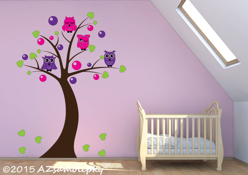 Dětské samolepky na zeď - Soví strom s bublinkami - M (75 x 100 cm)